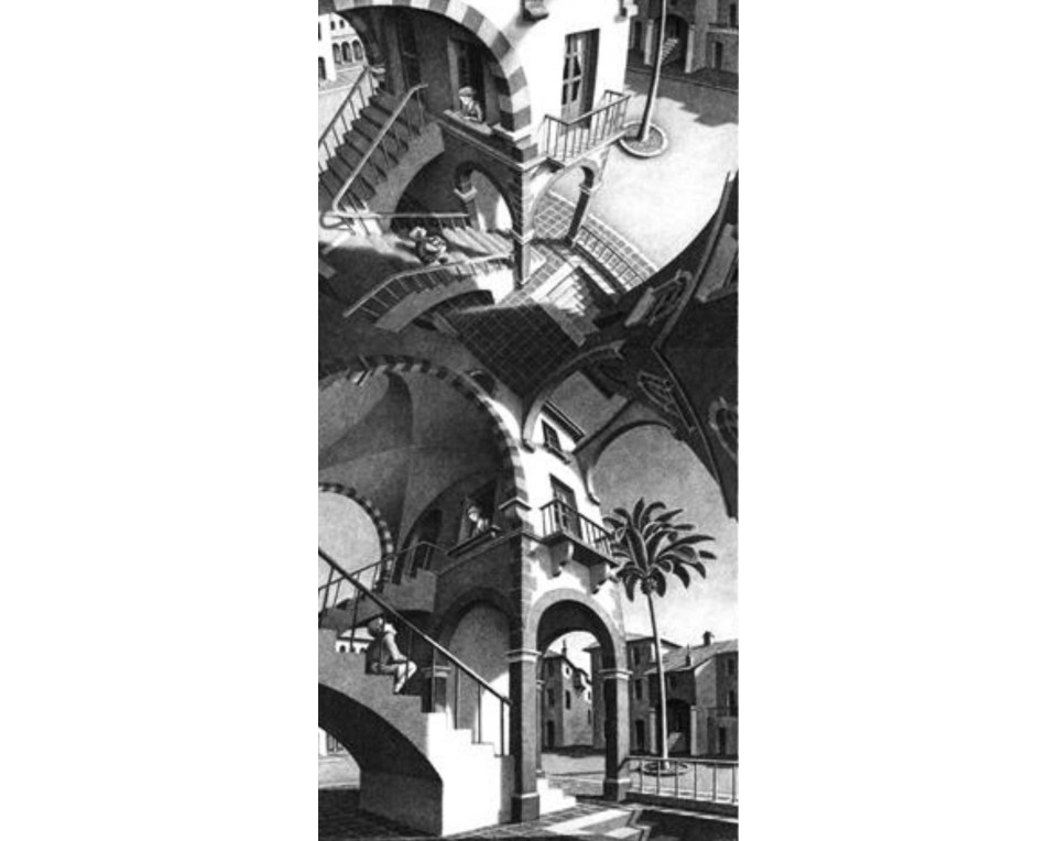  «Ψηλά και Χαμηλά» (High and Low) του Ολλανδού καλλιτέχνη M.C. Escher,Εκτύπωση έργο τέχνης σε κάμβα τελαρωμένο κάθετο 40Χ80εκ 