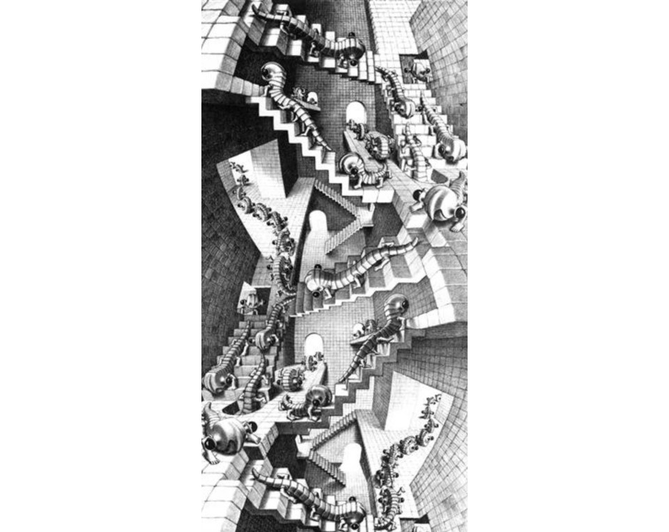 M.C. Escher με τίτλο "Σπίτι από σκάλες" (House of Stairs).  Εκτύπωση έργο τέχνης σε κάμβα τελαρωμένο κάθετο 40Χ80εκ 