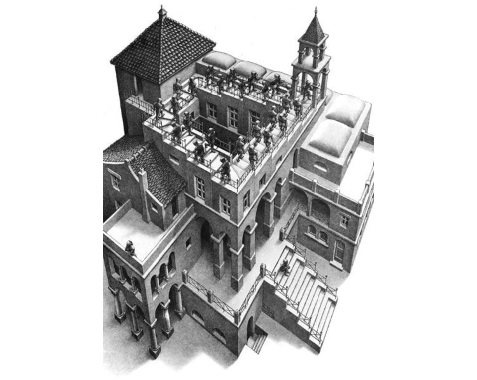 M.C. Escher με τίτλο "Ανεβαίνοντας και Κατεβαίνοντας" (Ascending and Descending), Εκτύπωση έργο τέχνης σε κάμβα τελαρωμένο κάθετο 50Χ70εκ 