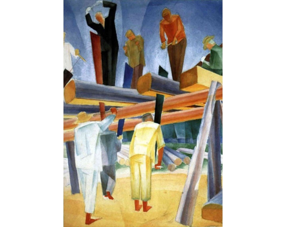 ΠΙΝΑΚΑΣ ΣΕ ΚΑΜΒΑ Natalia Goncharova / Russian Cubo-Futurist School - Ξυλοκόποι (Εργασία στο Πριονιστήριο)