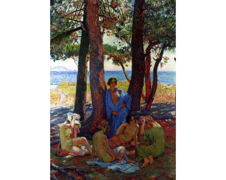 ΠΙΝΑΚΑΣ ΣΕ ΚΑΜΒΑ Henri-Edmond Cross / Post-Impressionist School - Λουόμενοι κάτω από τα Πεύκα