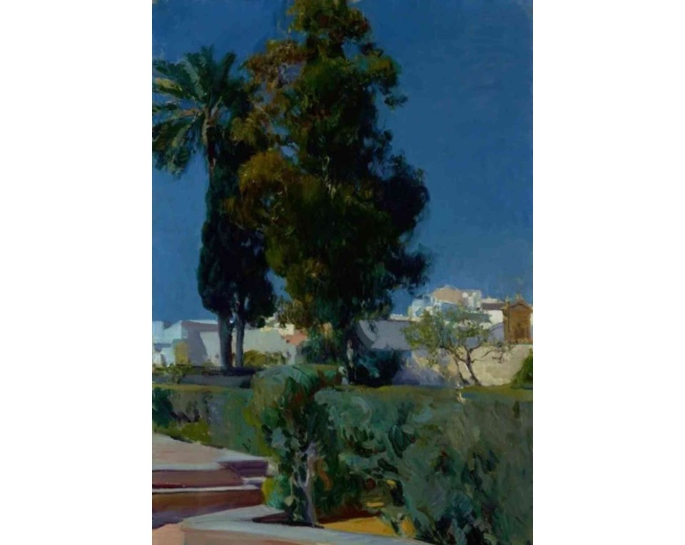 ΠΙΝΑΚΑΣ ΣΕ ΚΑΜΒΑ Joaquín Sorolla (Style / Attribution) - Κυπαρίσσι και Φοίνικας σε Μεσογειακό Κήπο