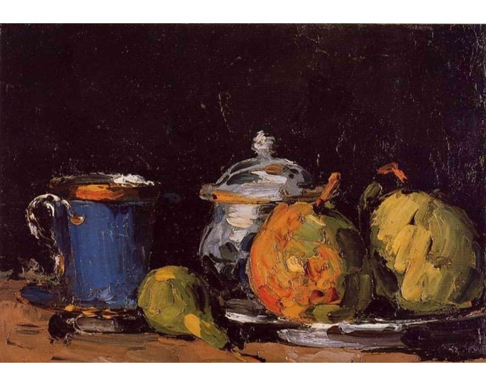 ΠΙΝΑΚΑΣ ΣΕ ΚΑΜΒΑ Paul Cézanne - Ζαχαριέρα, Αχλάδια και Μπλε Φλιτζάνι