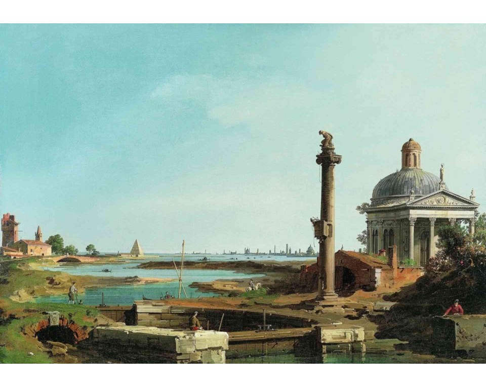 ΠΙΝΑΚΑΣ ΣΕ ΚΑΜΒΑ Canaletto - Υδατοφράκτης, Κολώνα και Εκκλησία δίπλα σε Λιμνοθάλασσα