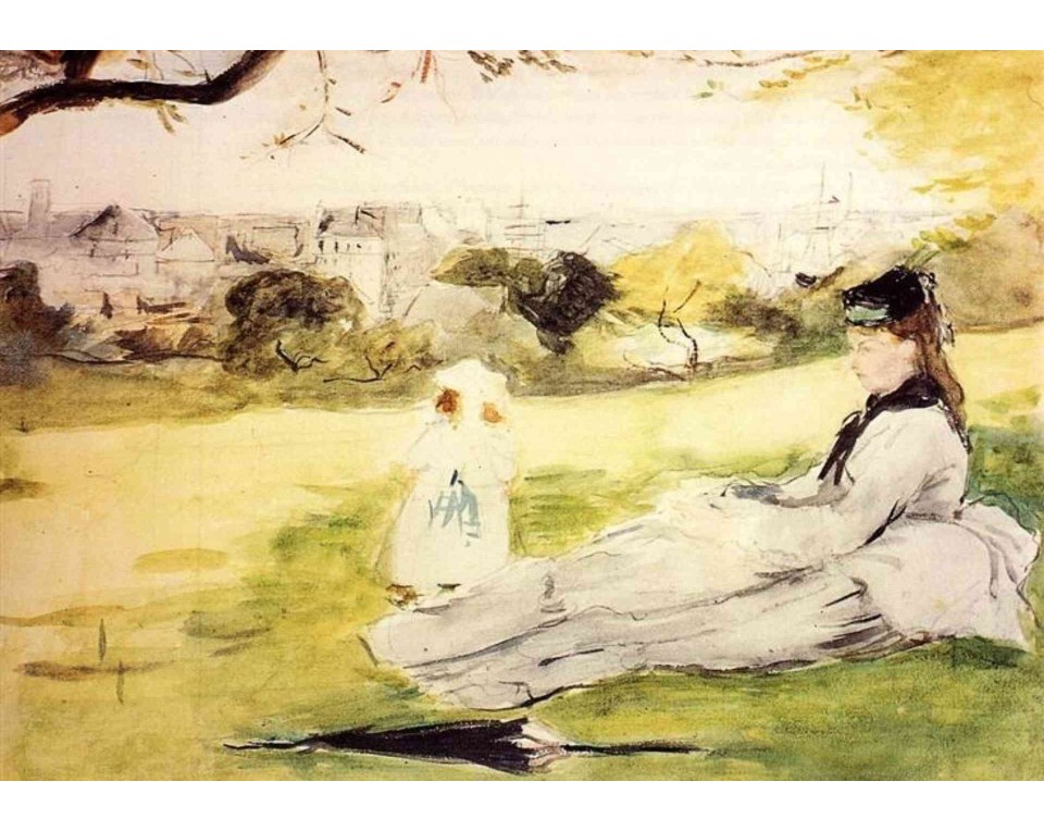 ΠΙΝΑΚΑΣ ΣΕ ΚΑΜΒΑ Berthe Morisot - Γυναίκα και Παιδί Καθισμένοι σε Λιβάδι