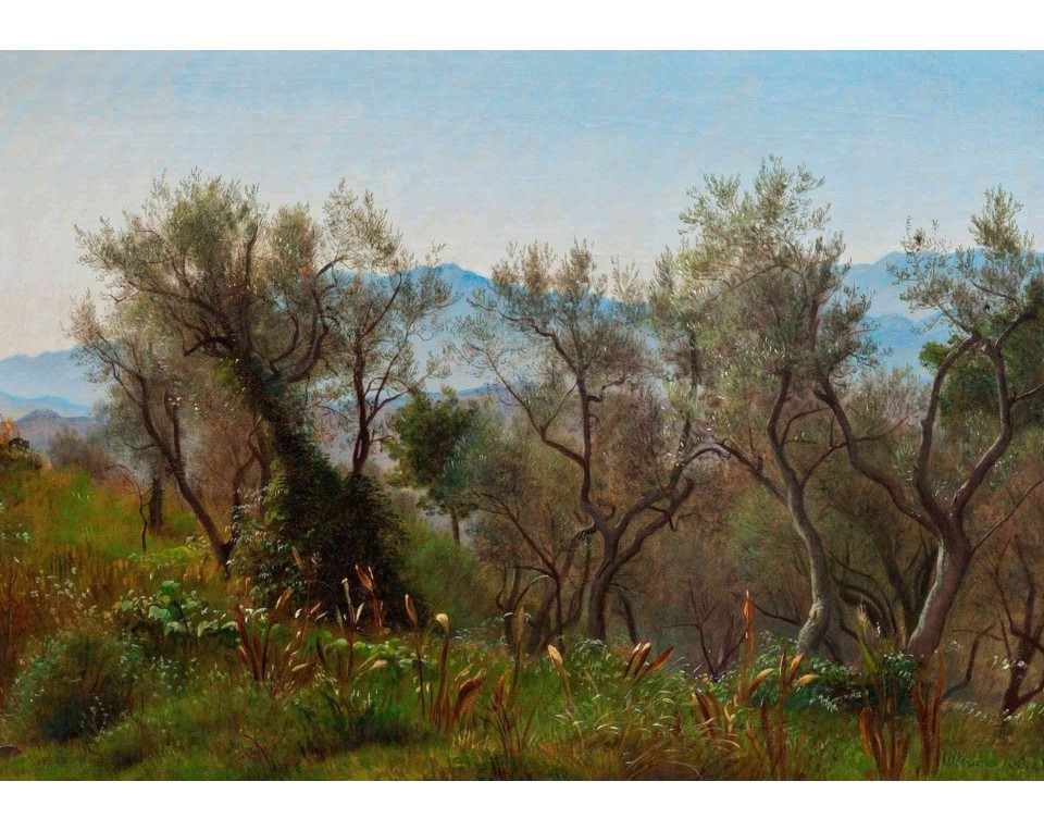 ΠΙΝΑΚΑΣ ΣΕ ΚΑΜΒΑ P. C. Skovgaard - Ελαιόδεντρα κοντά στο Olevano με Βουνά στο Βάθος