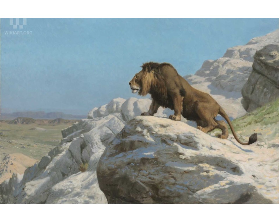 Ζαν-Λεόν Ζερόμ (Jean-Léon Gérôme) με τίτλο "Λιοντάρι σε Παρακολούθηση" ή "Lion on the Watch".  Εκτύπωση έργο τέχνης σε κάμβα τελαρωμένο οριζόντιο 40Χ60εκ 